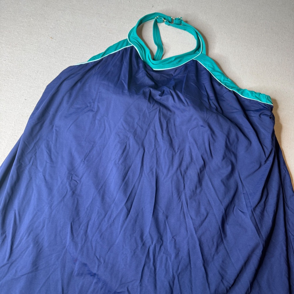 Lands End Navy Blue Teal Trim Halter Swim Dress Plus Size 26W Built-in Brief